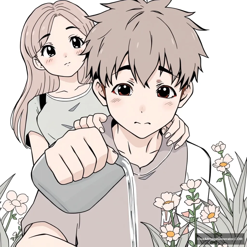 Anime lineart, front view of a handsome tall boy watering the flower, while a young woman standing behind puts both hands on his shoulders, she tilts her head and looks curious.