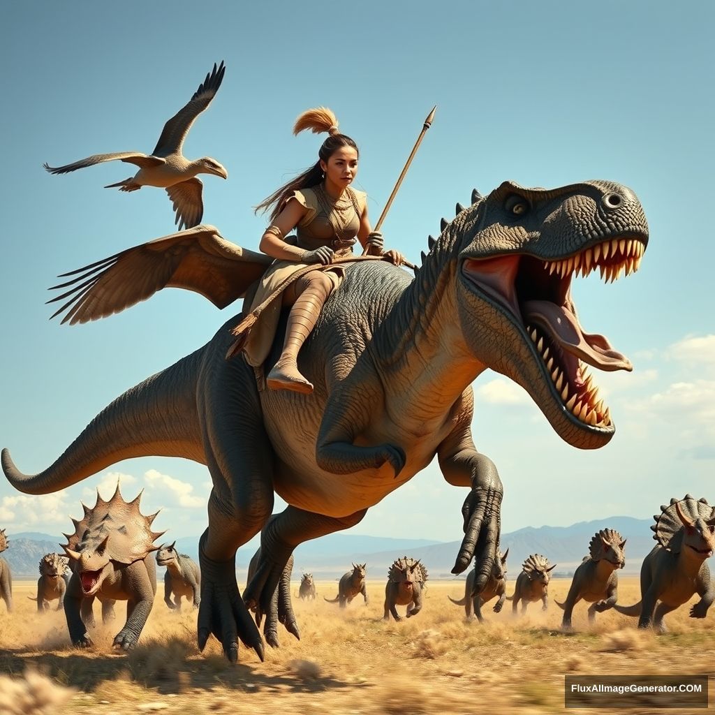 Close-up shot of an ancient Mongolian 20-year-old warrior woman riding a galloping T-rex dinosaur at a high rate of speed, with a Pterodactyl sitting on its left hand, a pack of Velociraptors, Triceratops, and Spinosaurus running together on the Mongolia steppe, realistic photo. - Image