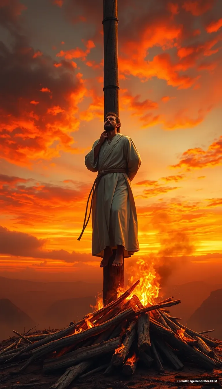 A lone figure, dressed in a white robe, is tied to a towering wooden pole on a barren hilltop. The sky is ablaze with the orange and red sunset, a large fire burns the pile of wood beneath his feet, the flames reaching his face, and his clothes are burning. The figure's face is turned to the sky, his expression calm and accepting. Dramatic lighting, cinematic, highly detailed, digital painting.