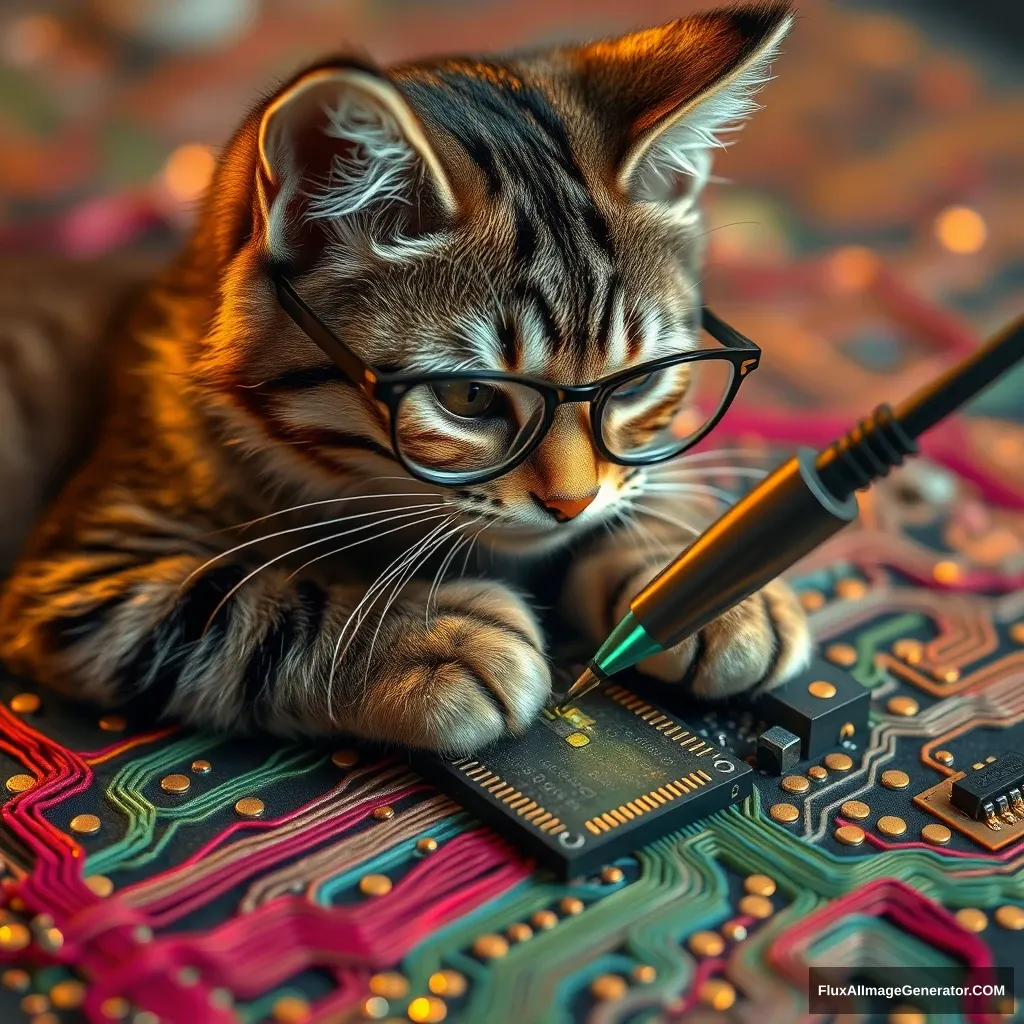 A mischievous tabby cat, wearing tiny spectacles, meticulously solders a circuit board with an iron. Vibrant threads weave intricate patterns, mimicking electronic pathways. Warm lighting. Delicate French knots form components. Style: Hyper-realistic embroidery art, blending traditional craftsmanship with modern technology. - Image