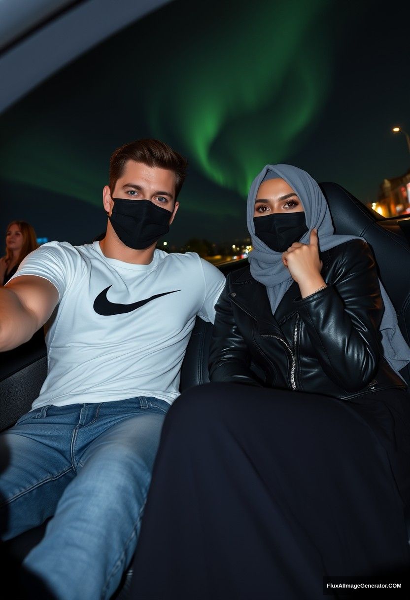 Jamie Dornan, tall, young, black face mask, white Nike t-shirt, jeans,

dating, romantic love with a grey hijab Muslim girl, beautiful eyes, black face mask, leather jacket, very long and large skirt, not a tall girl, 

sitting in a sports car, in town, photorealistic, selfie photos, night scenery, aurora borealis.