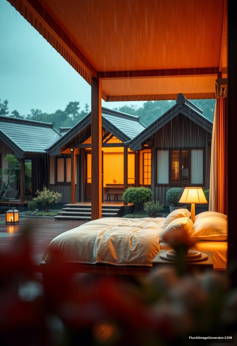 Outside view, a total of oriental cabins, exquisite detail design, house bed without warm colored lighting, rainstorm, aesthetic sense, depth of field, foreground blur, comfortable, comfortable, relaxed, master composition.