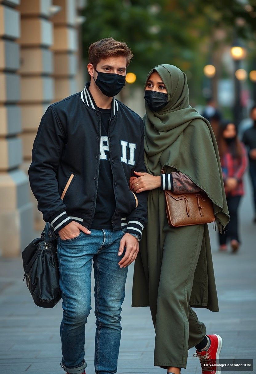 Jamie Dornan, young, black face mask, capital A collage jacket, jeans, red sneakers, dating romantically with a beautiful Muslim girl wearing the biggest army green hijab, beautiful eyes, black face mask, college jacket, the longest skirt, high top sneakers, not tall girl, photorealistic, realistic, street photography, full photography. - Image