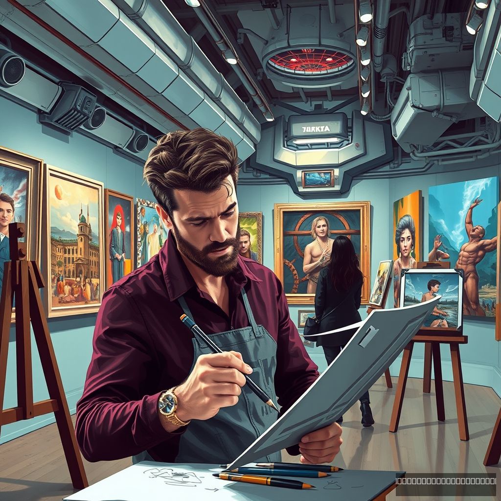 Sharp, detailed image of a male artist resembling Chris Evans, sketching in a futuristic art gallery filled with paintings.