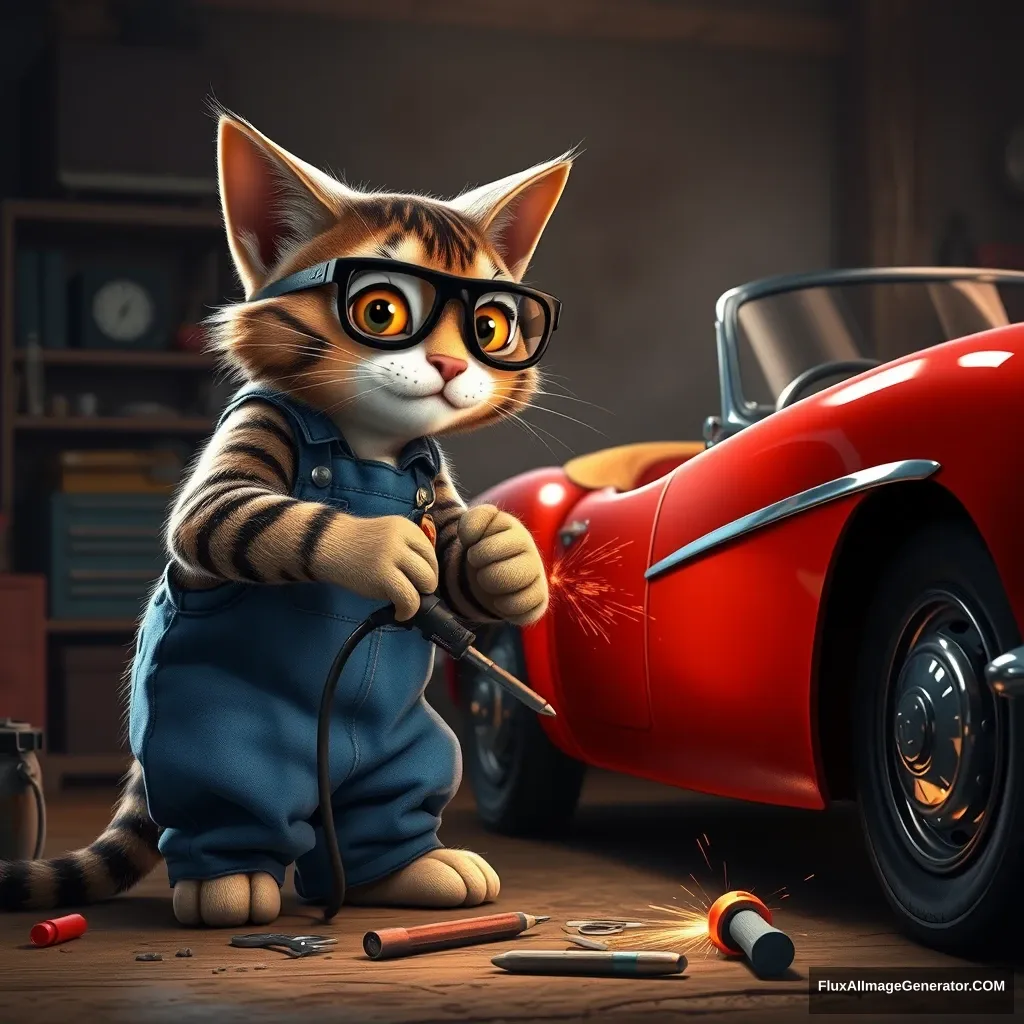 A whimsical Pixar-style anthropomorphic tabby cat, wearing blue overalls and safety goggles, diligently repairs a vintage red convertible. The cat wields a comically oversized soldering iron, surrounded by scattered tools and glowing sparks. Soft, warm lighting illuminates the cozy garage, creating a heartwarming atmosphere of determination and ingenuity.