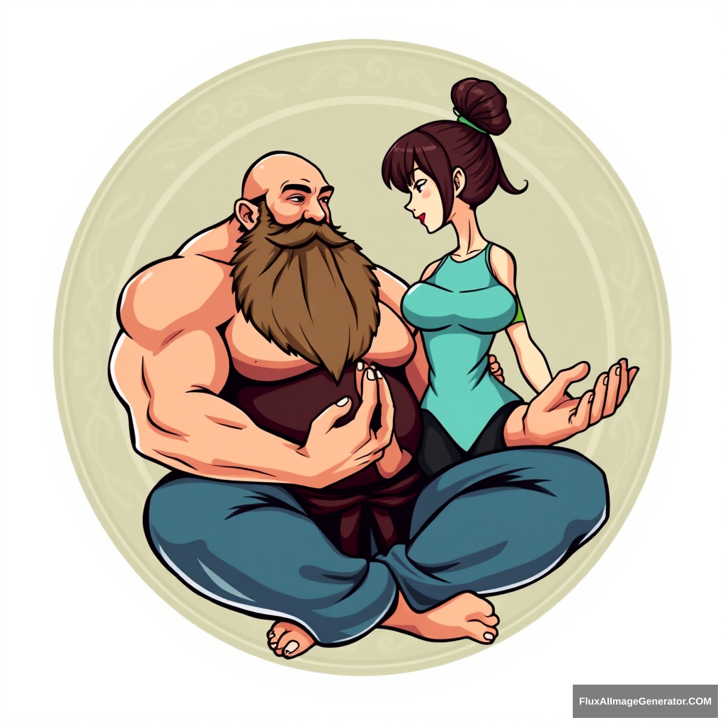 Yoga Center logo: a muscular large bald dwarf with a beard in the lotus position flirting with an anime woman. - Image