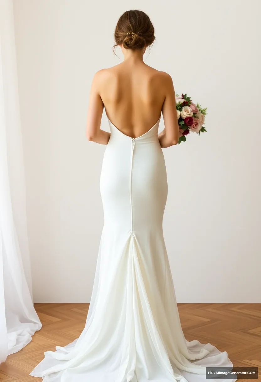 a young woman, sensitive, delicate, ashamed, backless strapless low-waisted airy wedding dress - Image