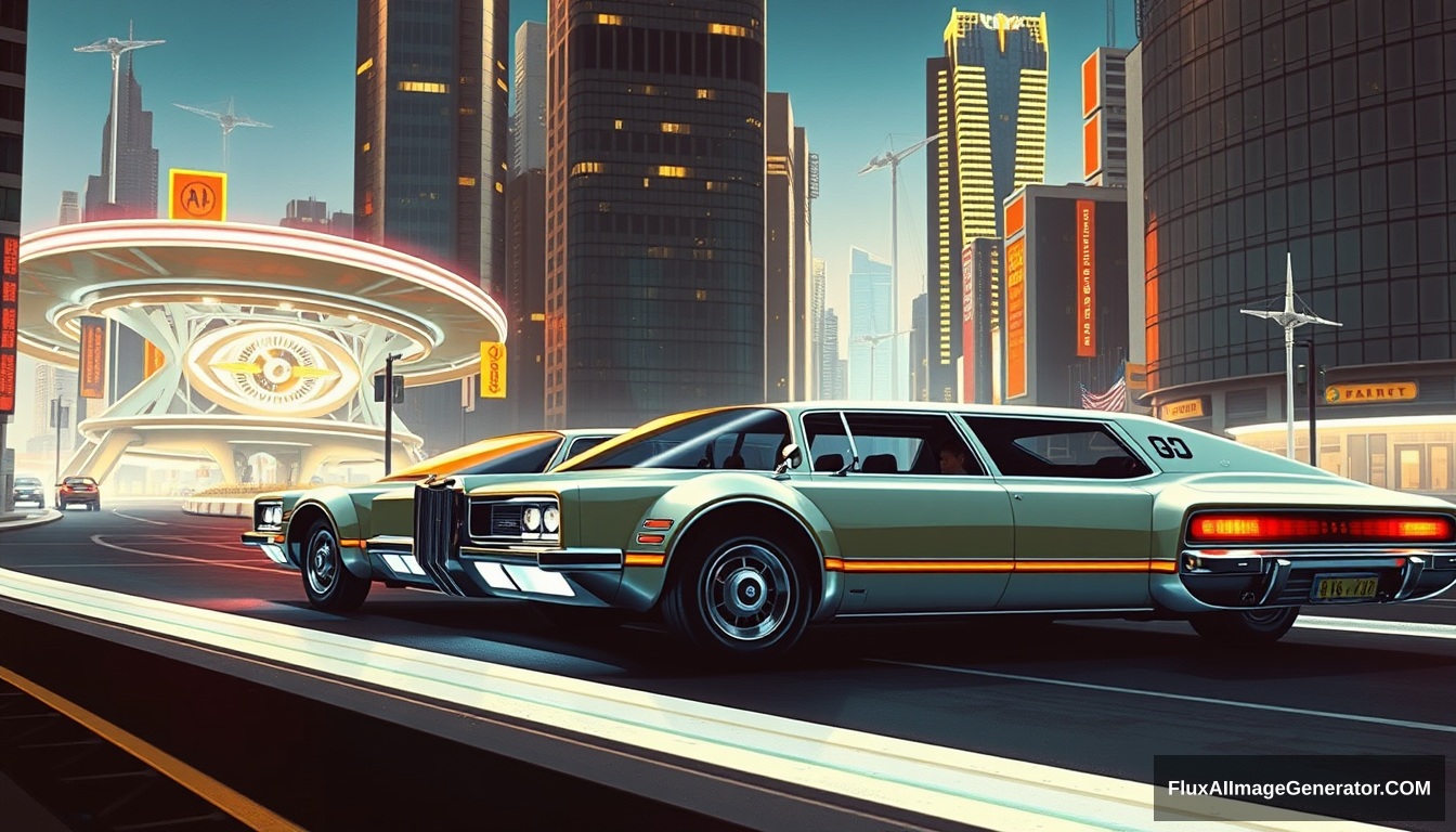 A 1970s futuristic limousine concept, as painted by Syd Mead, future city setting, 4k.