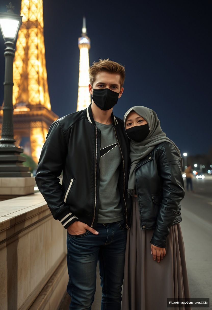 Jamie Dornan, youngest, black face mask, collage jacket, Nike t-shirt, jeans, tall man, fit body,

Dating, love with the biggest grey hijab Muslim girl, beautiful eyes, black face mask, leather jacket, biggest longest skirt, cute not tall girl,

standing by a wall, an Eiffel Tower, night scenery, hyper-realistic, photorealistic, street photography.