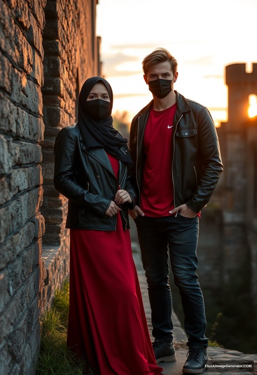 A biggest black hijab girl, beautiful eyes, face mask black, black leather jacket, biggest red longest dress, untall,

Jamie Dornan, handsome, face mask black, fit and tough body, Nike red tshirt, black leather jacket, jeans, tall man, standing at wall together

Hyper realistic, photorealistic, studio photography, Victoria's abandoned castle, sunrise. - Image