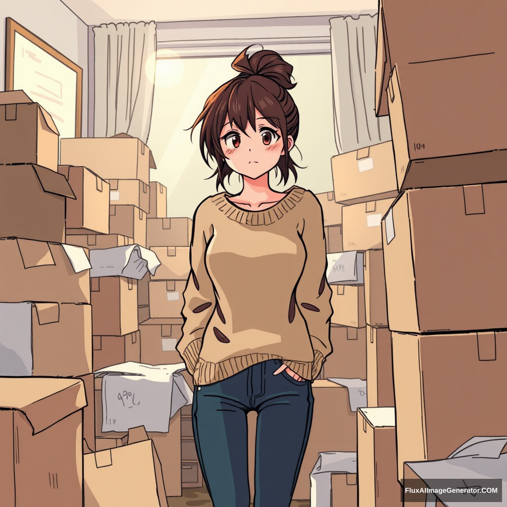 Scene: Hana surrounded by boxes in her new apartment.  
Description: Hana is wearing a comfortable sweater and jeans, her hair in a messy bun, looking a bit frazzled but hopeful as she surveys the mess. manga style.