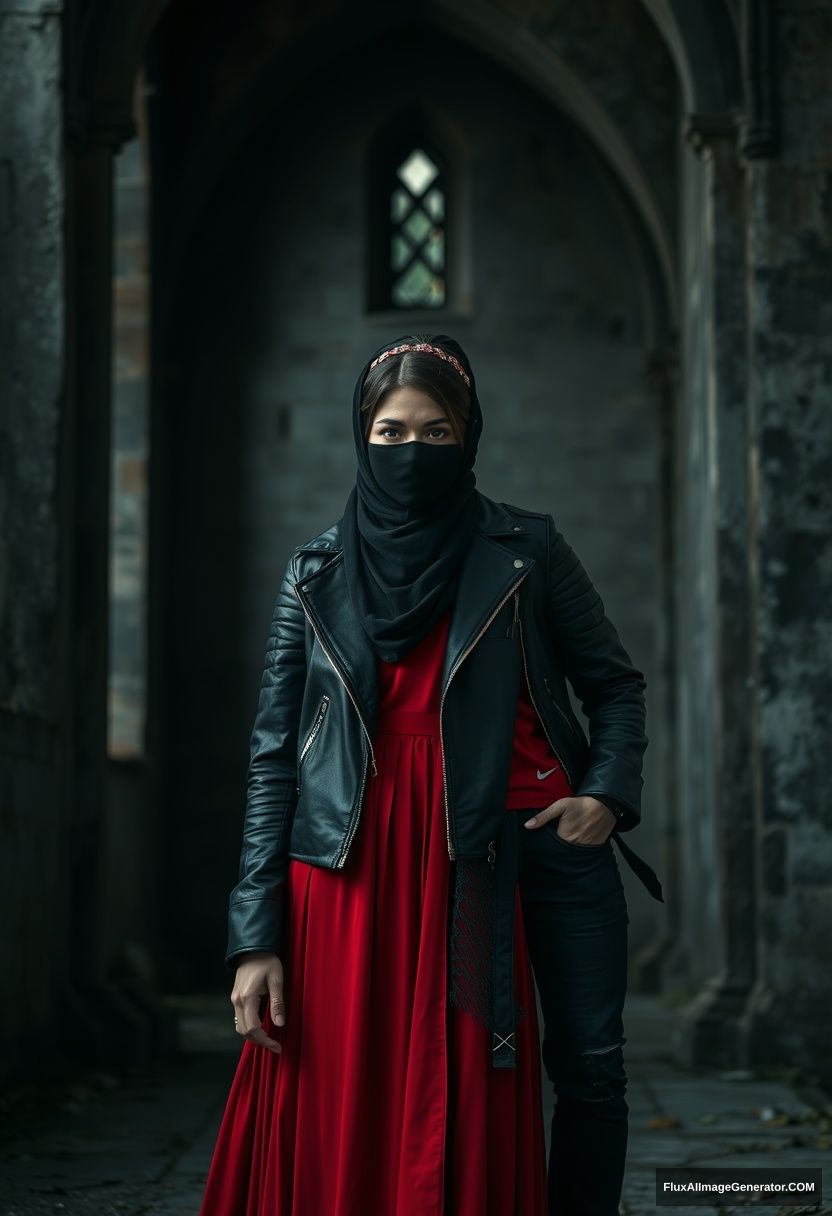 A biggest black hijab girl, beautiful eyes, black face mask, black leather jacket, largest red longest dress, not tall,

Jamie Dornan, handsome, black face mask, fit and tough body, Nike red t-shirt, black leather jacket, jeans, tall man, standing lean against the wall together

Hyper-realistic, photorealistic, studio photography, Victoria's abandoned castle, gloomy, darkness.