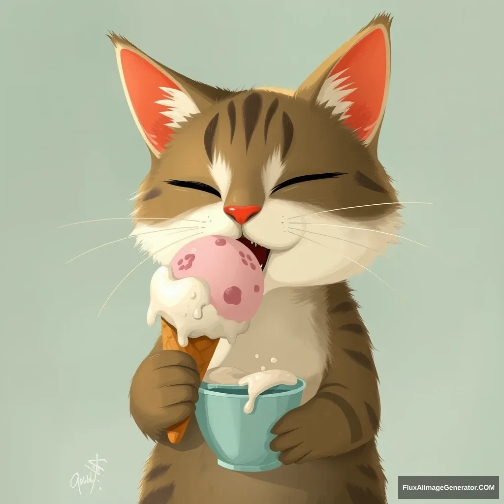 Cat eating ice cream, illustrated by Gabriel Pacheco.