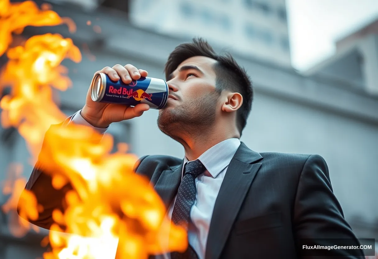 A salaryman is drinking a Red Bull can with fire in the background.