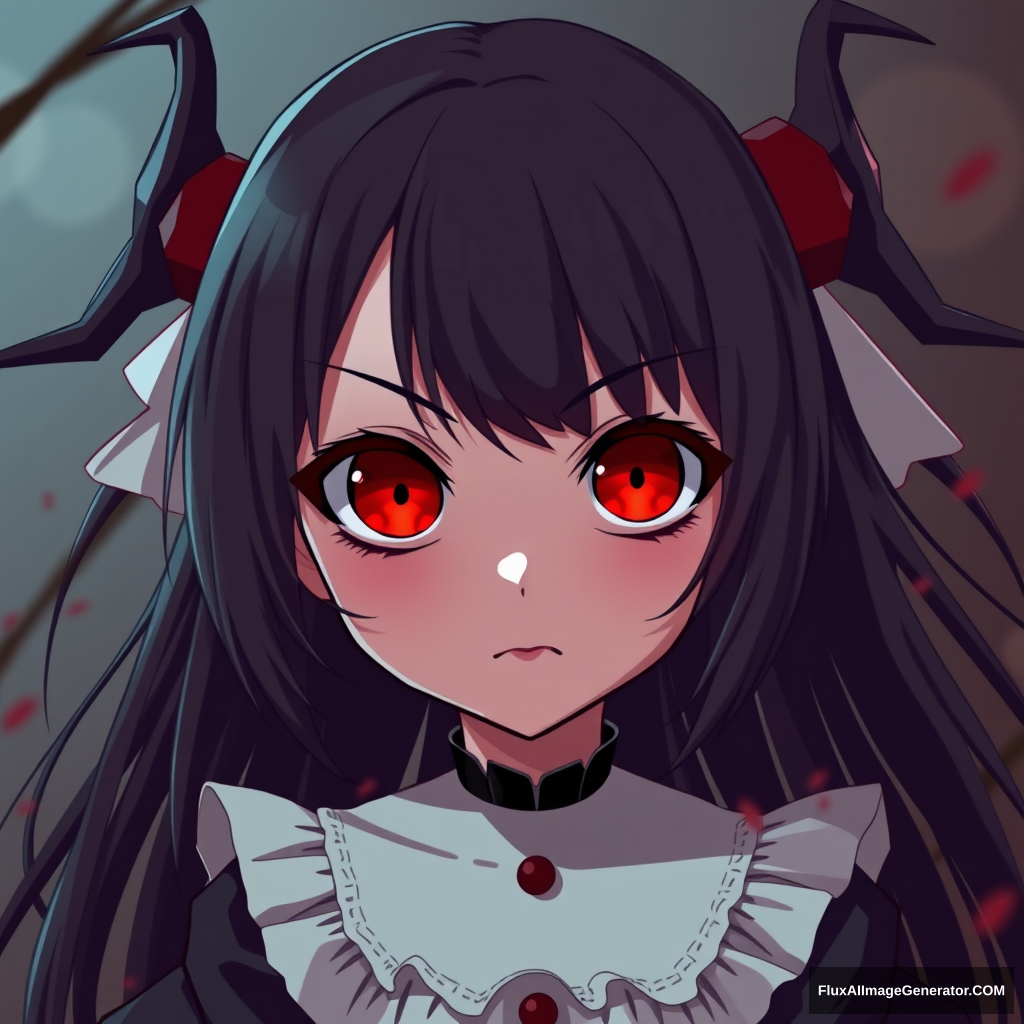 "a girl with big red eyes, in anime style, evil" - Image