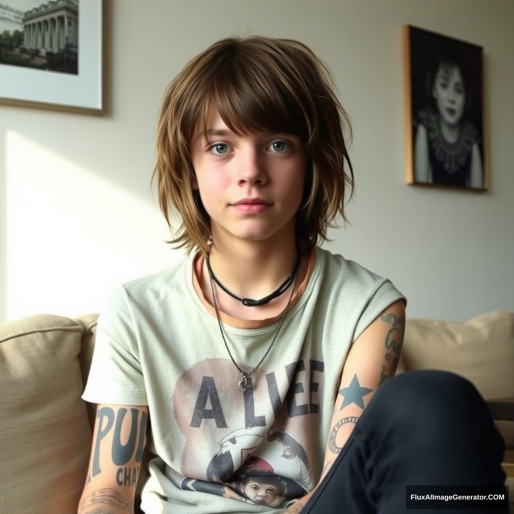 Cute teenage guy, rock/grunge outfit, shoulder-length hair, really cute, 15, sitting on a couch.