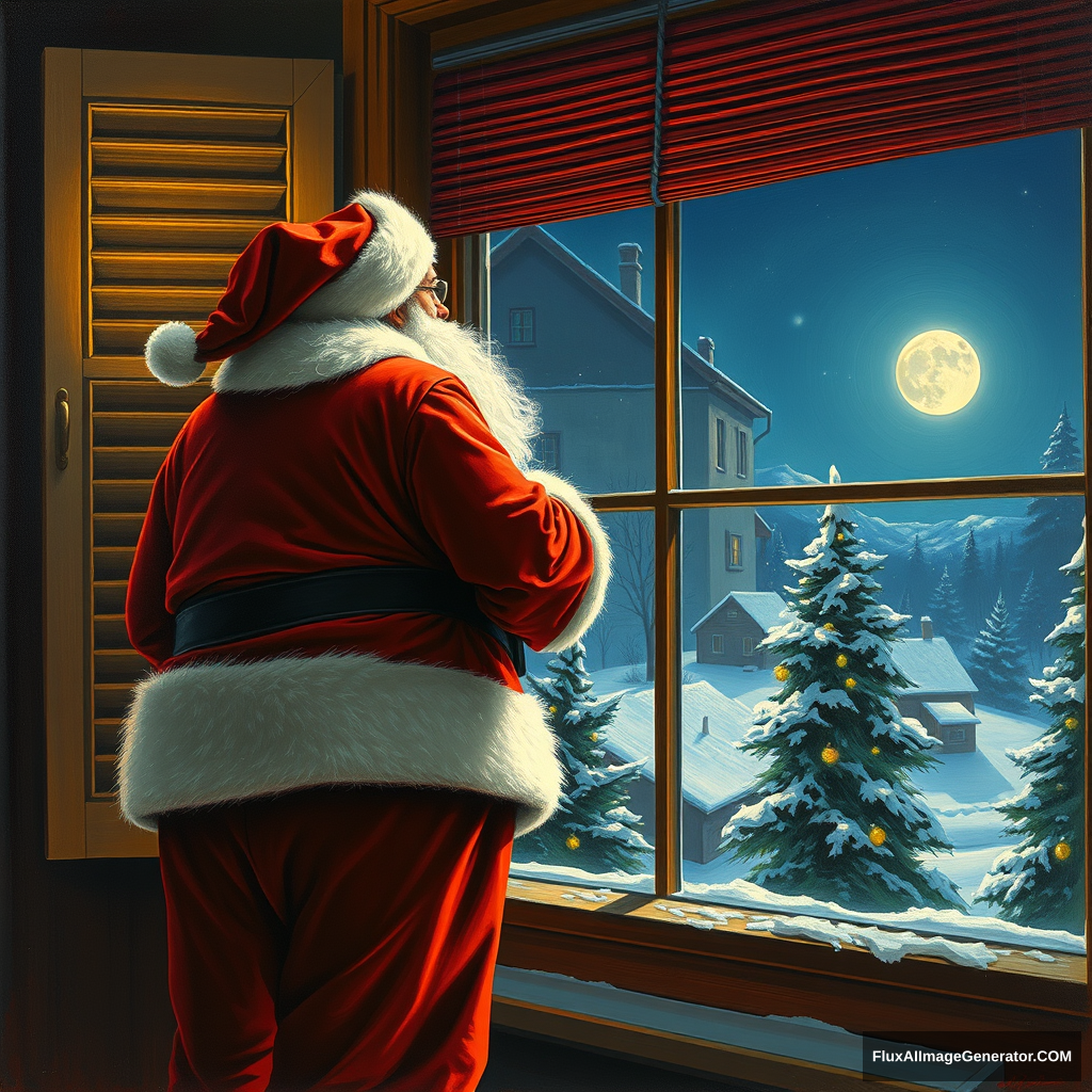 Santa is backing into the 2nd floor window, a painting by Authur Sarnoff, 4k.