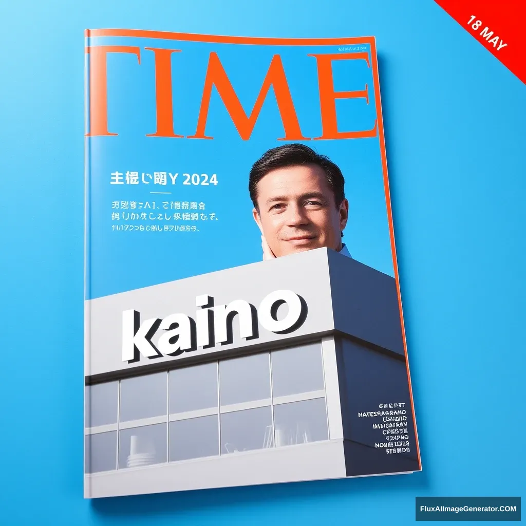 A TIME magazine cover shows a "KainoAI" company, the background is blue, and the top-right corner shows the date 18 May 2024.