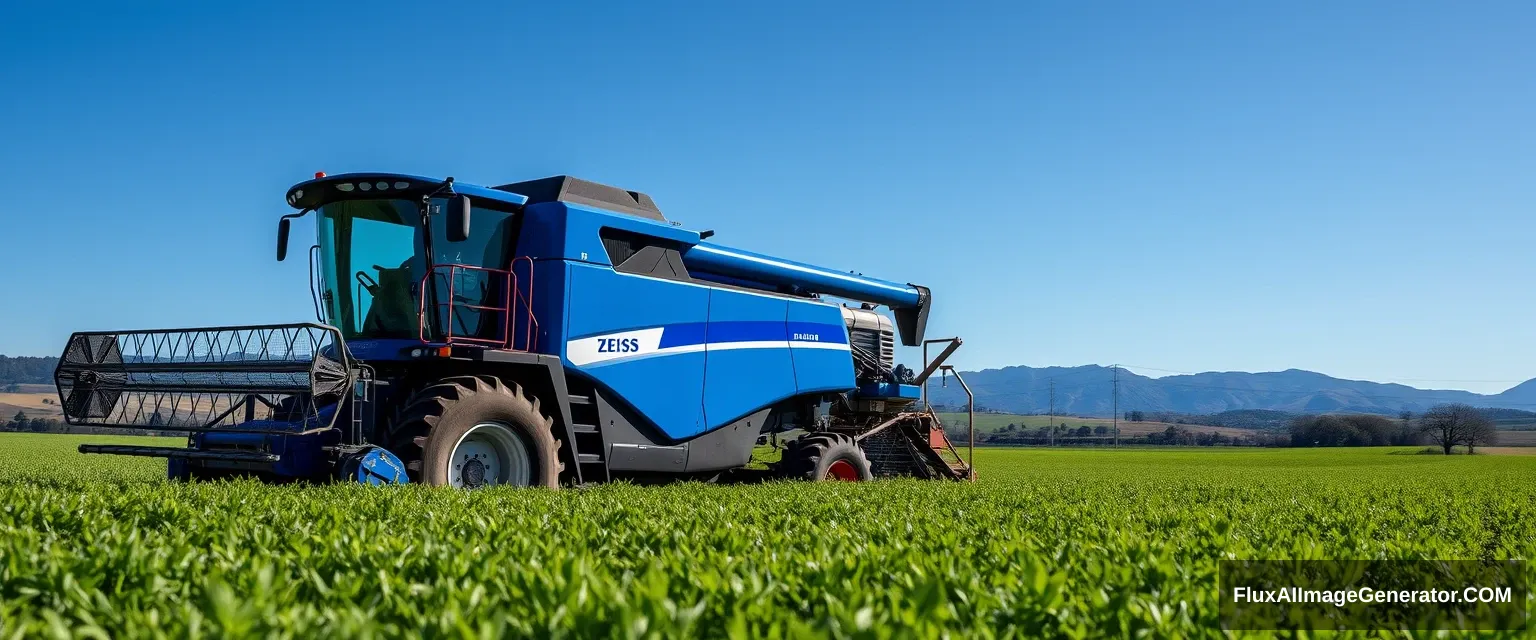 High resolution photography of a tractor pulling a spectrometer in a field in Tuscany. The combine harvester has a ZEISS logo on it and is blue. The sky is blue as well, and in the background, there are mountains.