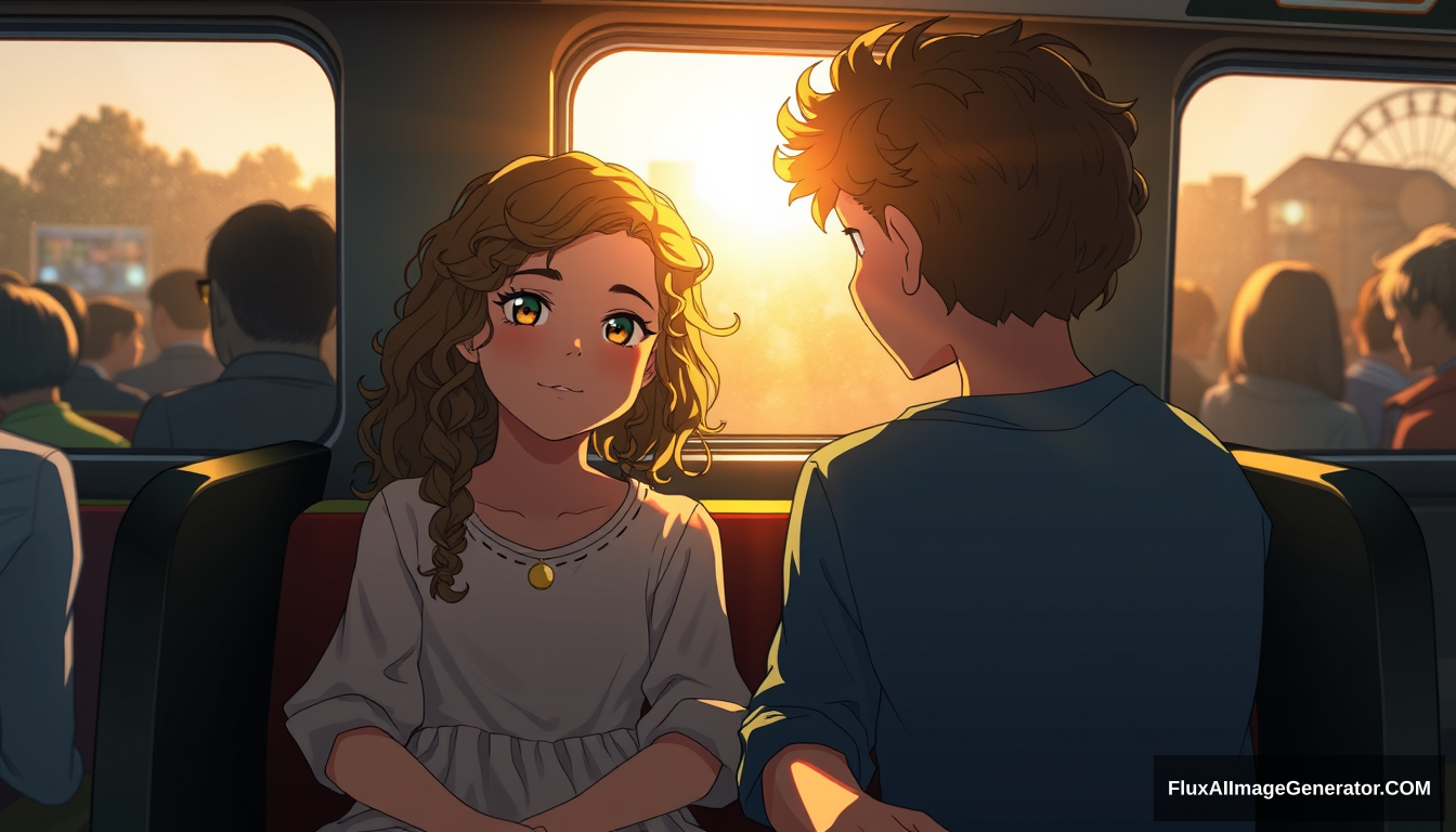 1 boy and girl, sitting, train, curly hair, golden hours, high quality, aerial view, people, crowd, ((focus girl and boy)) - Image