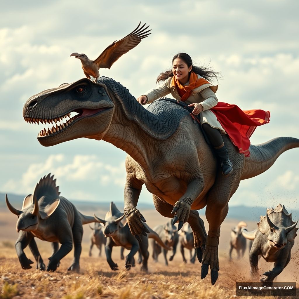 Close-up cinematic shot of a 20-year-old Mongolian woman riding a galloping T-rex dinosaur at a high rate of speed, with a Pterodactyl sitting on its left hand, a pack of Velociraptors and Triceratops and Spinosaurus running together, in the Mongolian steppe, realistic photo.