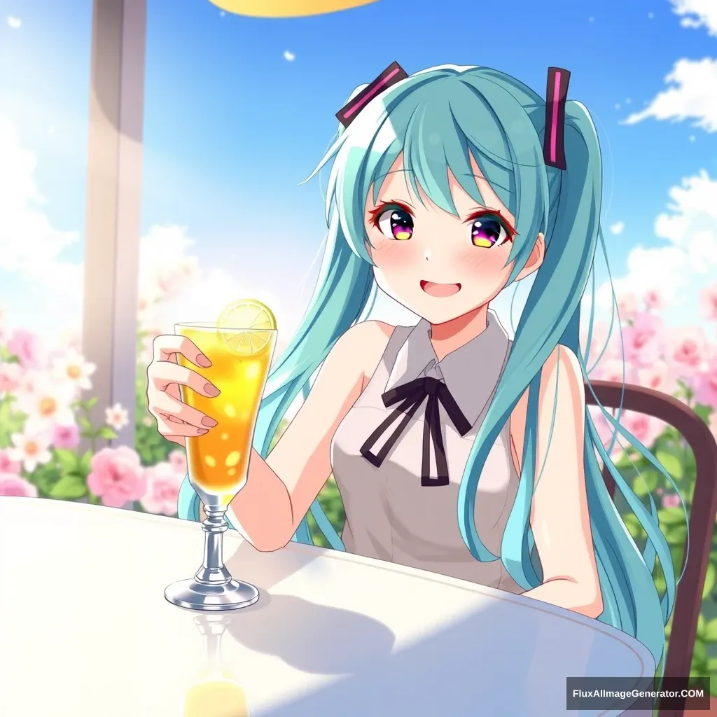 Hatsune Miku sitting at a sunny table, holding a glass of lemon tea with a slice of lemon on the rim. She has a cheerful expression, her turquoise hair flowing gently in the breeze, and the sunlight casting a warm glow around her. The background features blooming flowers and a clear blue sky, enhancing the serene atmosphere.