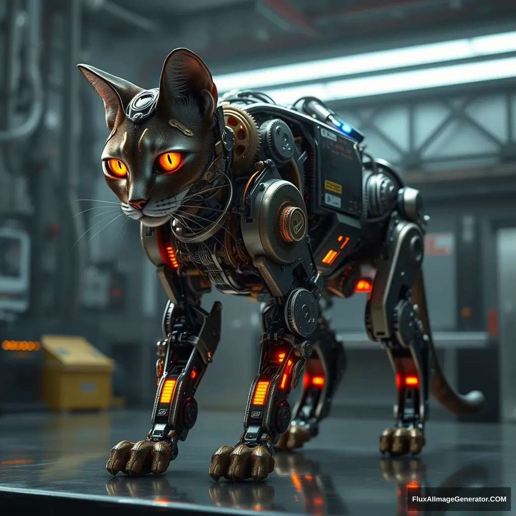 A biomechanical feline cyborg, its legs intricately exposed, revealing a mesmerizing array of glistening gears and pulsating circuits. Hyper-realistic rendering captures every minute detail, from oil-slicked metal to flickering LED lights. Set in a dimly lit laboratory, the cat's eyes glow with eerie intelligence. - Image