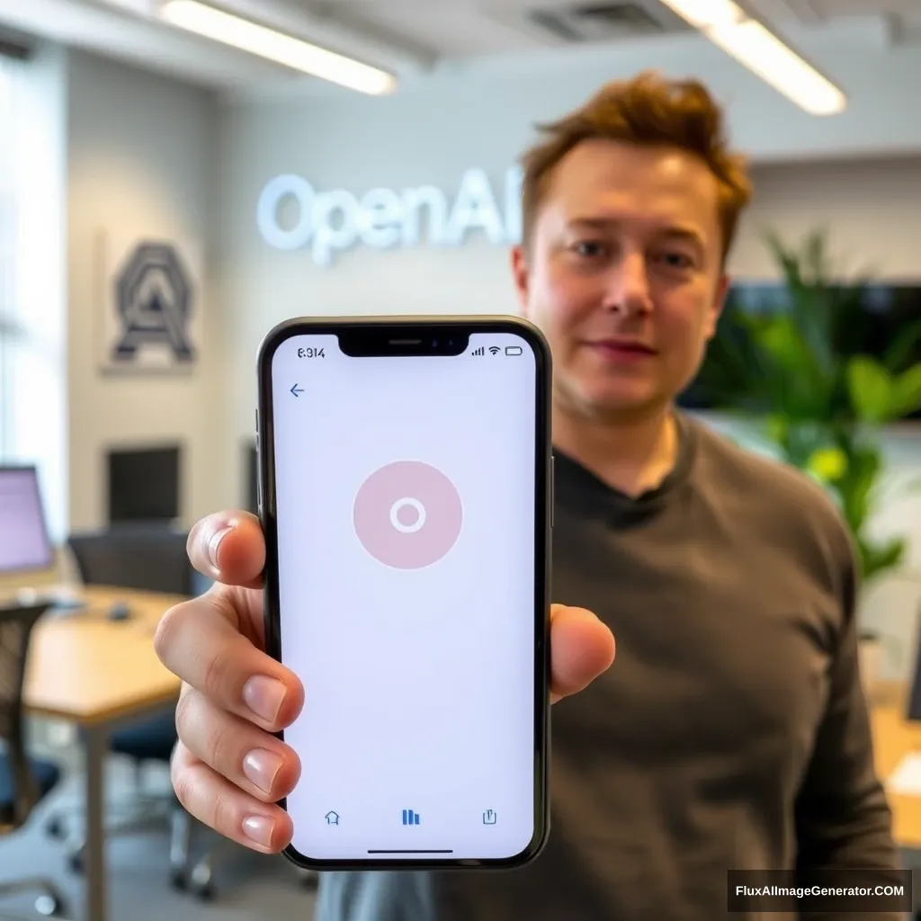 Elon Musk holds a phone and the phone screen shows the KainoAI app, the background is the OpenAI office. - Image