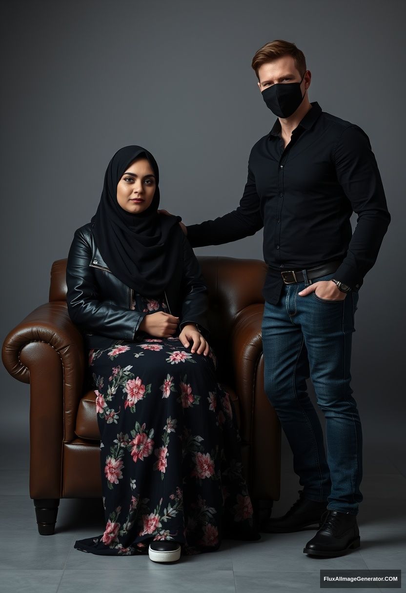 A biggest black hijab girl, burqa, beautiful eyes, black leather jacket, biggest floral long dress, black leather sneaker, sitting on leather single sofa, Jamie Dornan, black shirt, jeans, black leather sneaker, tall man, face mask black, fit body, standing near her, hyper realistic, studio photography. - Image