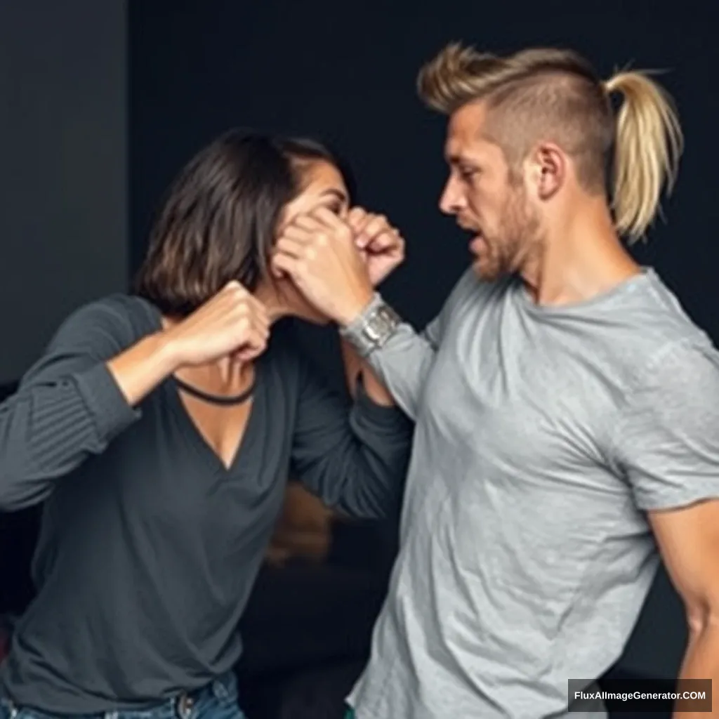 A pretty small delicate and slim lady is fighting her big muscular boyfriend in a casual fight. She is completely in control, defeating and beating him badly and completely. She is throwing a hard punch at him that makes him stumble, bending him backwards. He looks defenseless, close to falling unconscious.