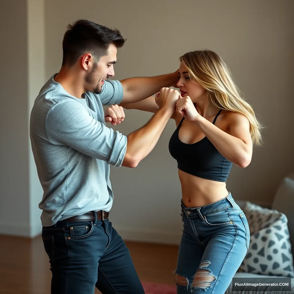 A pretty small delicate and slim lady is fighting her big muscular boyfriend in a casual fight. She is completely in control, defeating and beating him badly and completely. She is delivering a hard punch to him that makes him stumble, bending him backward; he looks defenseless, close to falling unconscious.