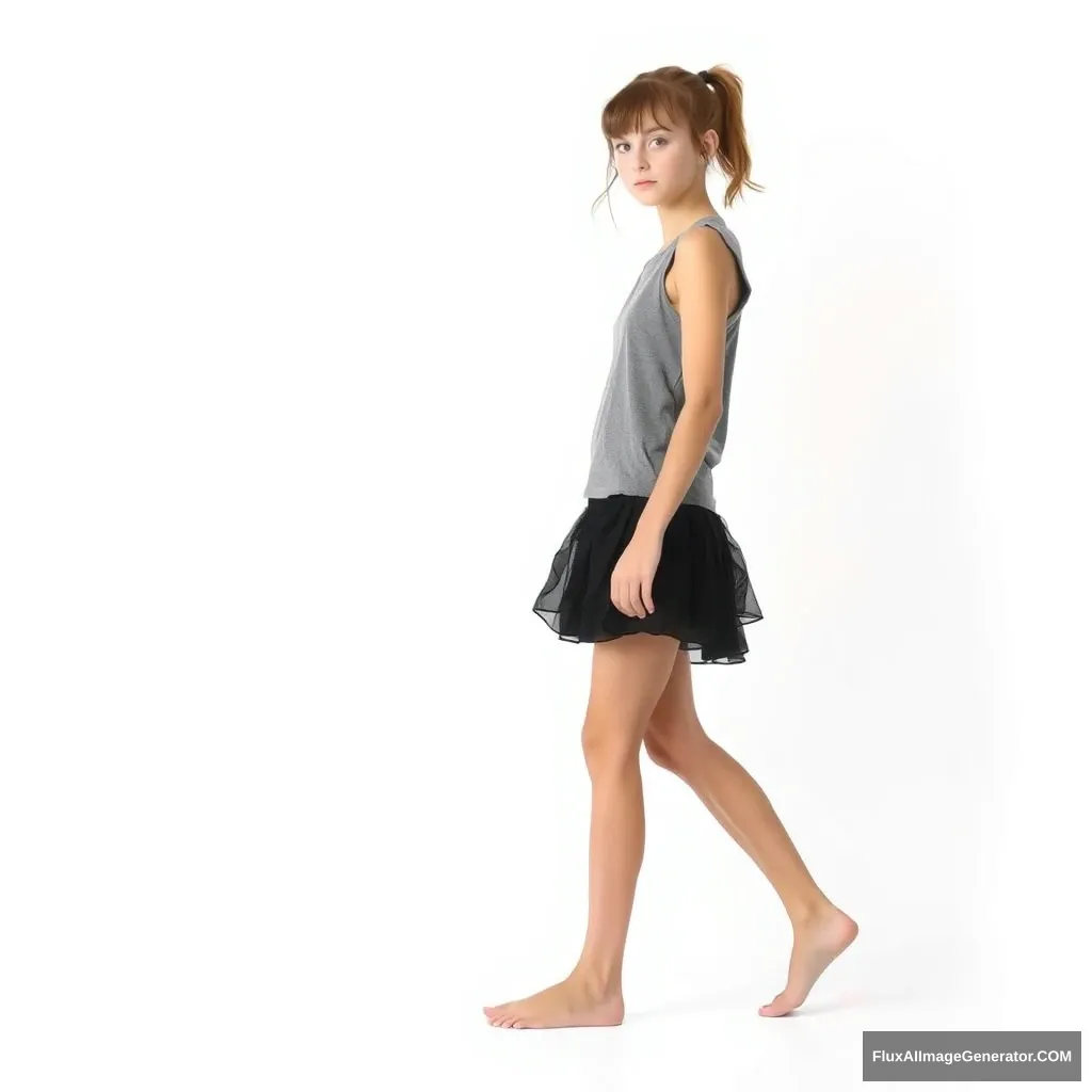 "Create a photo of a 16-year-old German girl wearing a short black layered skirt and a gray sleeveless top. She is barefoot. The background is white, no writing. The person is fully visible and facing forward. She is taking a step forward."