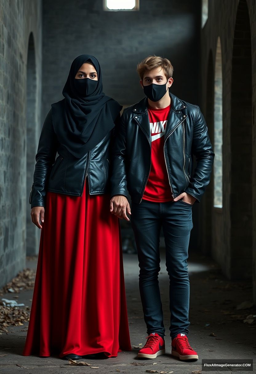 A big black hijab girl with beautiful eyes, a black face mask, and a black leather jacket, wearing the longest and widest red dress, not very tall, standing near him in love, holding his arm.

Jamie Dornan, handsome, youngest, wearing a black face mask, with a fit and tough body, a red Nike t-shirt, a black leather jacket, jeans, and red sneakers, a tall man standing near her.

Hyper-realistic, photorealistic, studio photography, Victoria's abandoned castle, gloomy.