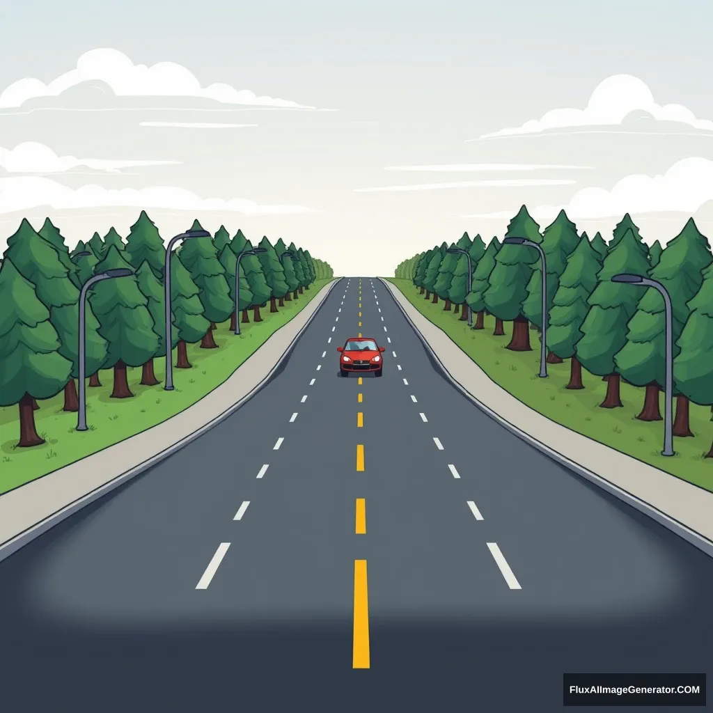 The road starts off as one road below and then branches off into two directions: crossroad, highway, car, cartoon style. - Image