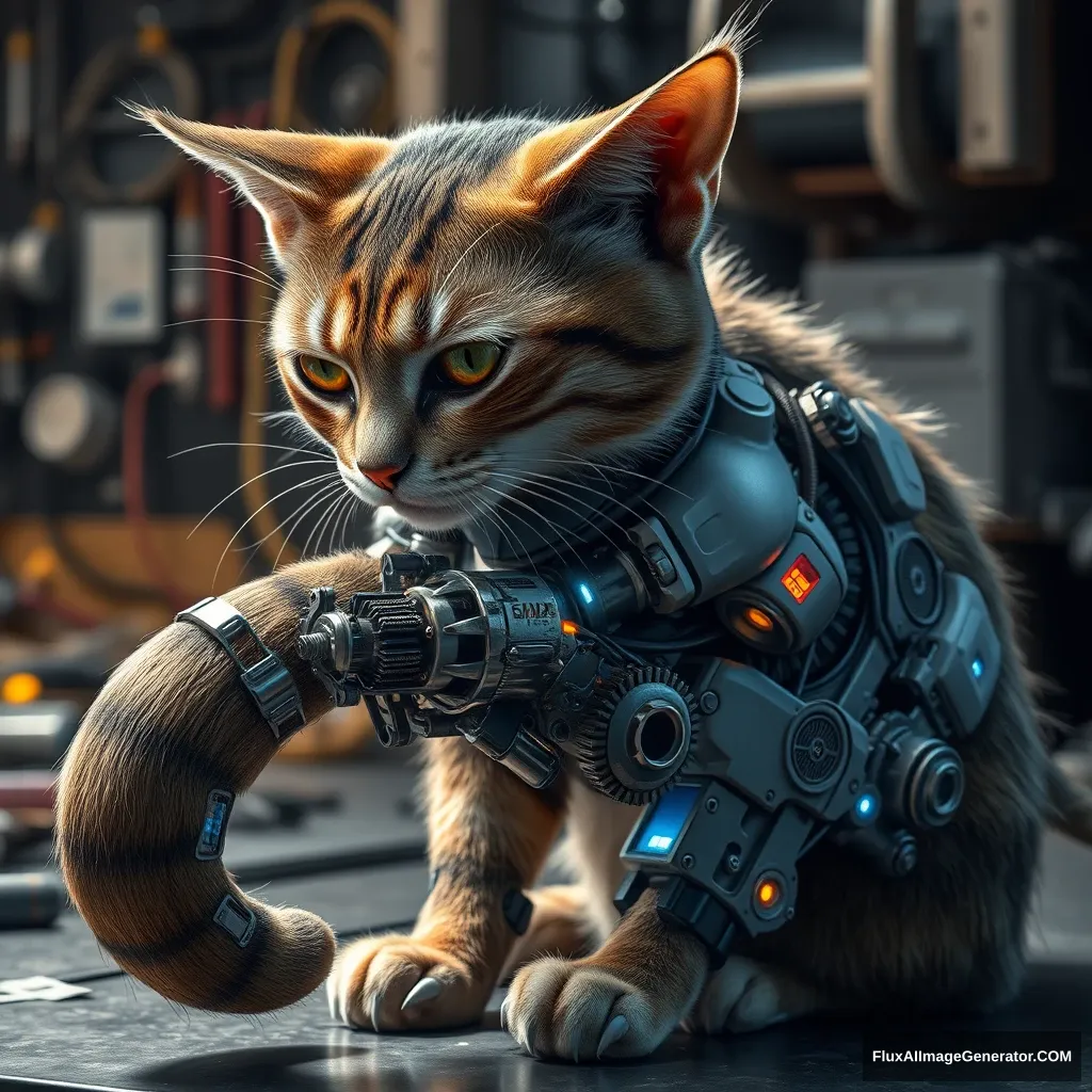 A cybernetic feline meticulously repairs its robotic tail, exposing intricate gears and pulsing circuits. Hyper-realistic details reveal oily metal, flickering LEDs, and synthetic fur. The cat's eyes glow with determination, set against a futuristic workshop backdrop. Shadows emphasize the surreal melding of organic and artificial.