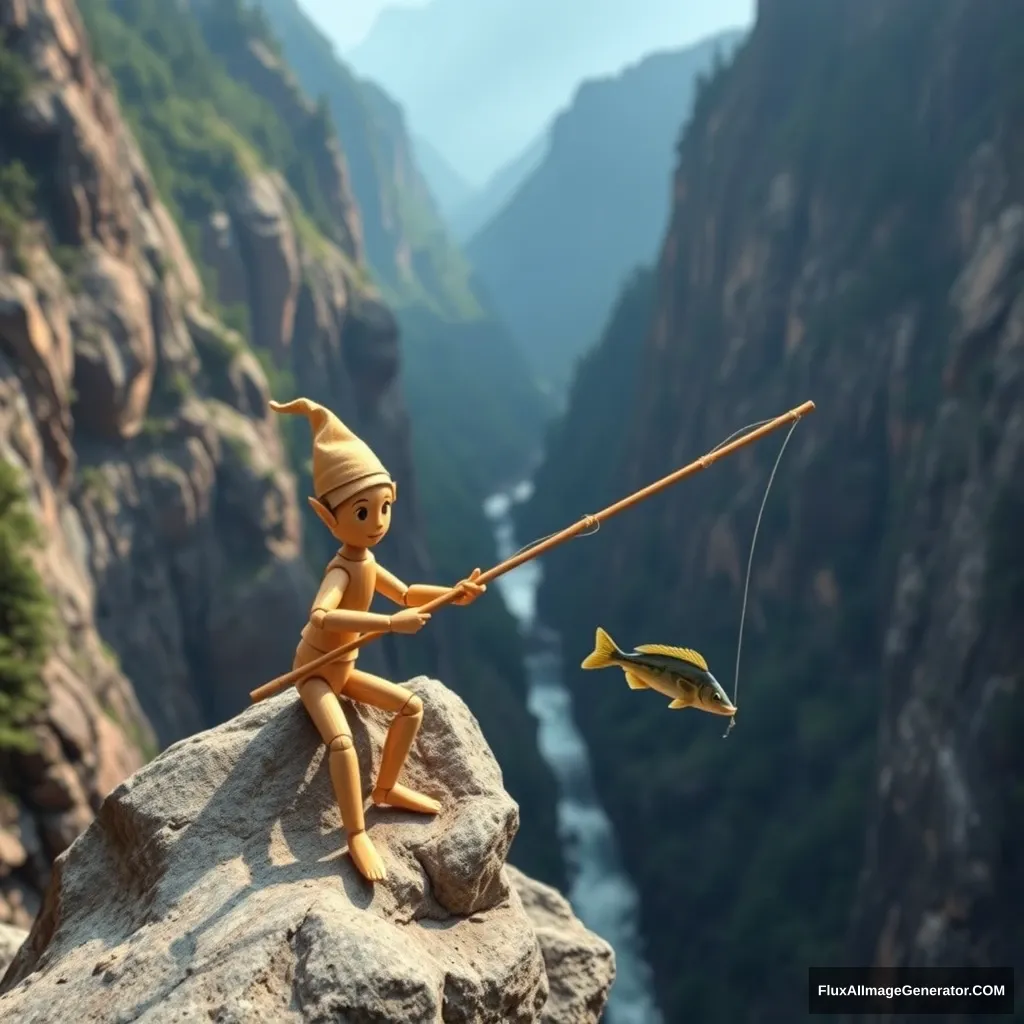 A wooden elf made a bamboo fishing rod on a rock in a deep mountain canyon, fishing for grouper in the creek, Farewell to the Grand View, highlighting the depth of the canyon and the primitive forests on both sides. - Image