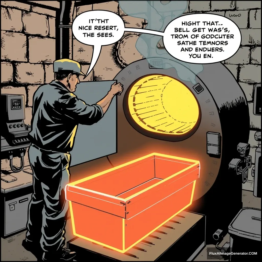 A comic panel depicting a worker operating a crematorium furnace with an x-ray view revealing an empty coffin inside. - Image