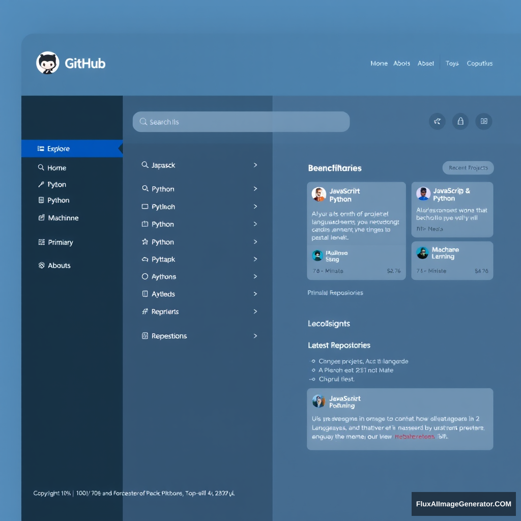 A sleek GitHub navigation website interface. The fixed top navigation bar occupies 10% of the screen height, spanning 100% width, with a logo and links like "Home", "Explore", and "About Us". Below, an 8% height search bar, centered and 80% width, featuring a magnifying glass icon. On the left, a sidebar with clickable tags such as "JavaScript", "Python", and "Machine Learning", taking up 20% width and 60% height. To the right, popular repository cards fill 75% width and 40% height, displaying names, descriptions, star counts, and primary languages. Below, a "Latest Repositories" block, 75% width and 20% height, shows recent projects with summaries and timestamps. The footer, 10% height and 100% width, includes copyright info, social media links, and contact details. The design is modern and minimalistic, featuring a palette of cool blues and neutral grays, accented with soft white backgrounds and a clean sans-serif font, ensuring a responsive and user-friendly layout. - Image