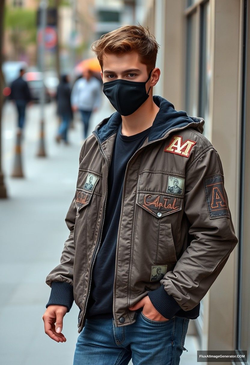 Jamie Dornan, young, black face mask, capital A collage jacket, jeans, red sneakers, hyper-realistic, street photography, full photography.