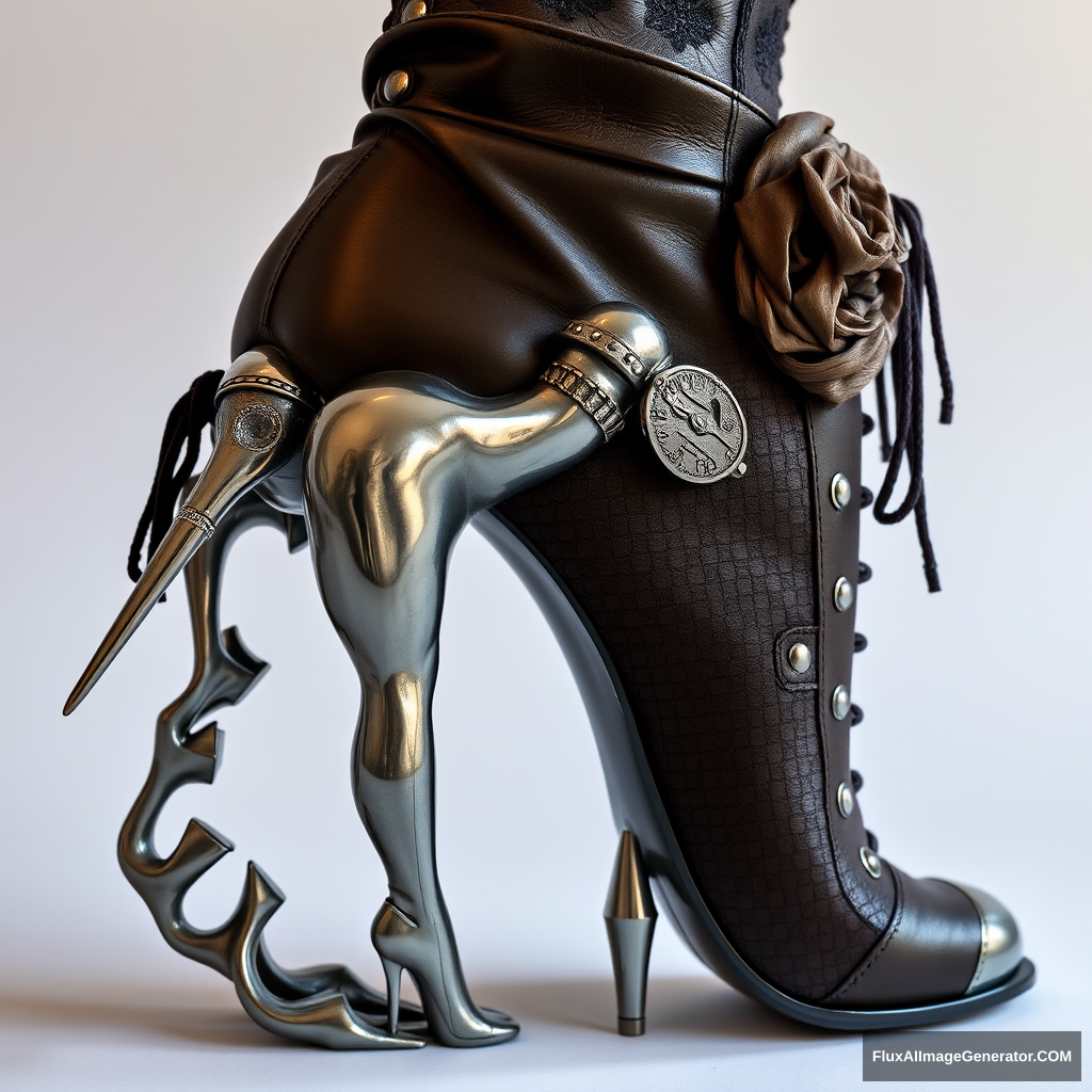 A high-fashion boot with a unique heel that represents a metallic sculpture of an entire woman's body in an artistic and sexy pose, who embraces the heel and the boot body, intricate details, leather, suede parts, nails, lace.