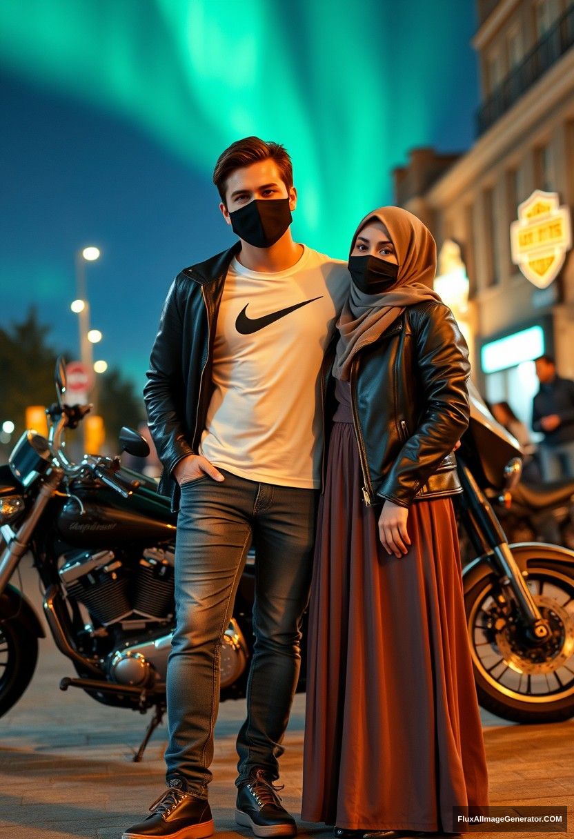 Jamie Dornan, tall, young, wearing a black face mask, a white Nike t-shirt, and jeans, is on a romantic date with a grey hijab-wearing Muslim girl who has beautiful eyes, a black face mask, a leather jacket, and the longest, biggest skirt; she is not tall. They are standing near a Harley Davidson motorbike for a photo, in town, in a photorealistic style, with street photography at night featuring the aurora borealis.