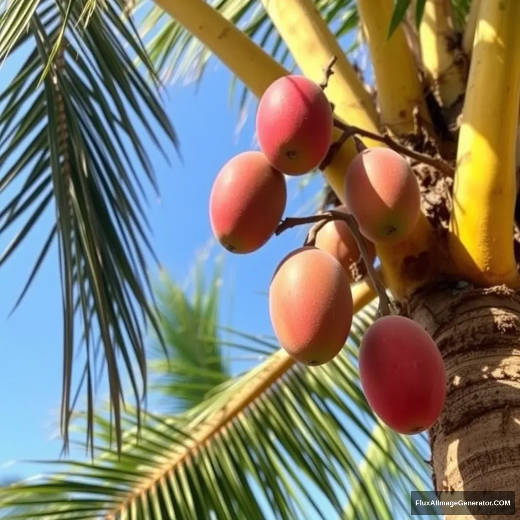 Red Mango growing on coconut tree - Image