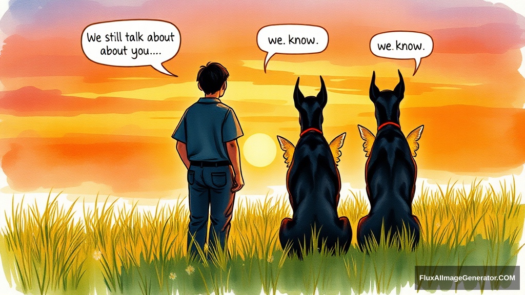 Messy hand drawn watercolor illustration: male figure in meadow at golden hour, silhouetted against vibrant sunset sky. Three ethereal ghostly winged canines, black and tan Doberman companions, sat beside, facing away from the viewer. Speech bubbles float above: "We still talk about you" (person), "we know" (dog). Nostalgic atmosphere, brushstrokes convey wistful longing.