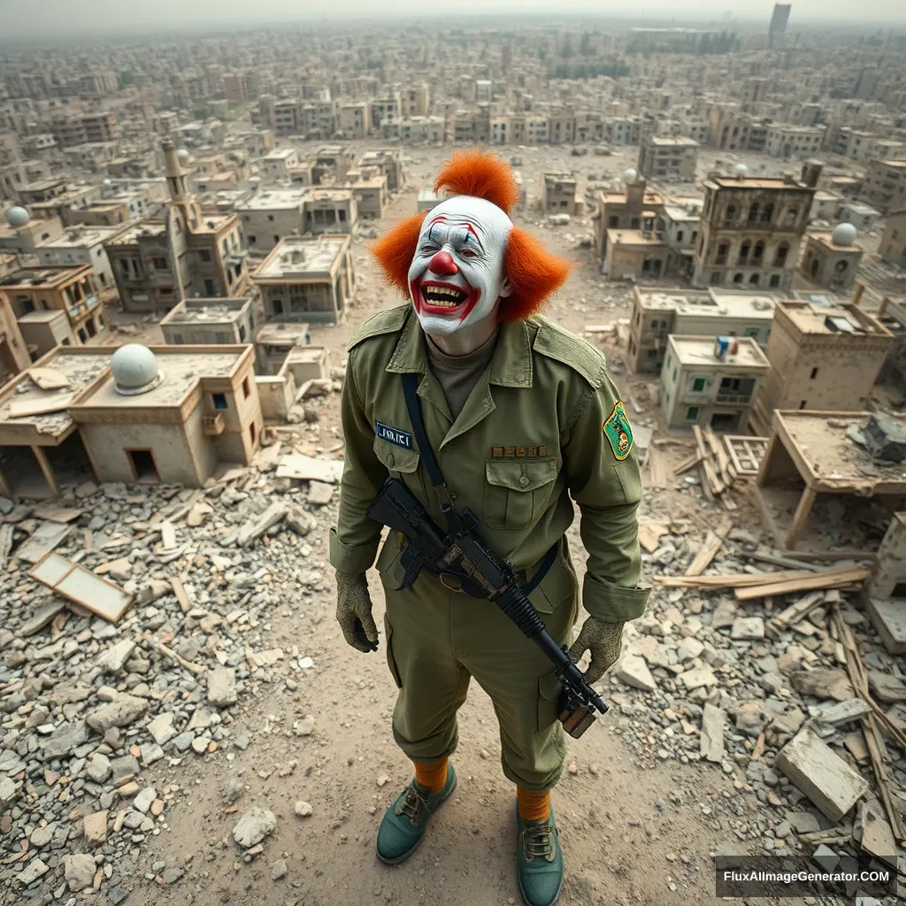 A normal crying clown in an IDF uniform standing in the middle of a destroyed city in ruins, laughing hysterically. View from above and from some distance. Hyperreal. - Image