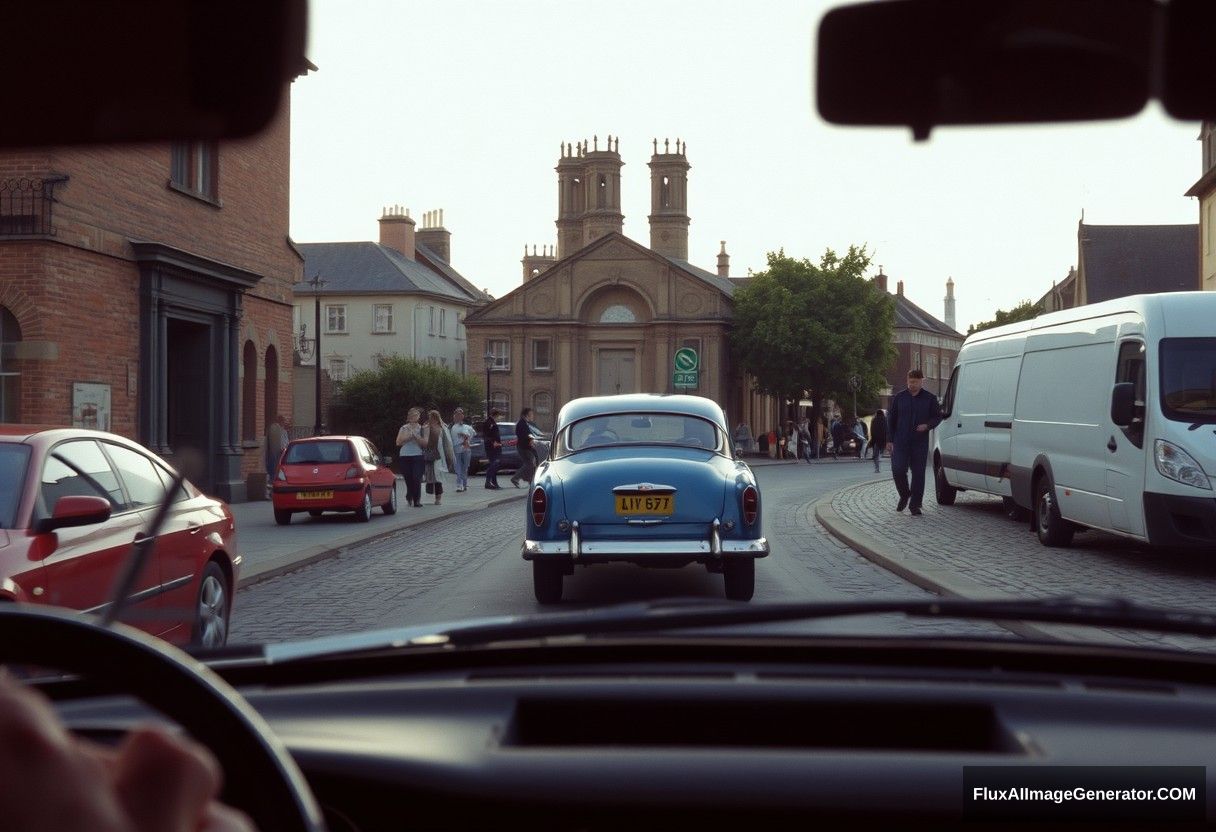 This is a color photograph taken from inside a vehicle, likely a car, looking out through the windshield. The image captures a bustling street scene in a small town or village. The foreground shows the dashboard and part of the car's interior, including the steering wheel and a section of the front seat. The windshield is slightly dirty, with smudges and streaks.

The main subject of the photograph is a vintage blue car with a yellow license plate driving down the street. The car is in the middle of the image, heading towards the horizon. Surrounding the car are other vehicles, including a red car on the left and a white van on the right. Pedestrians are scattered along the sidewalk, some walking towards the camera and others in the distance.

The buildings in the background are a mix of old, brick structures with classical architectural elements, such as ornate windows and chimneys. The street is lined with trees and has a cobblestone surface. The sky is clear with a soft, warm light, indicating either early morning or late afternoon. The overall atmosphere is one of a quiet, quaint town, with a sense of historical charm.