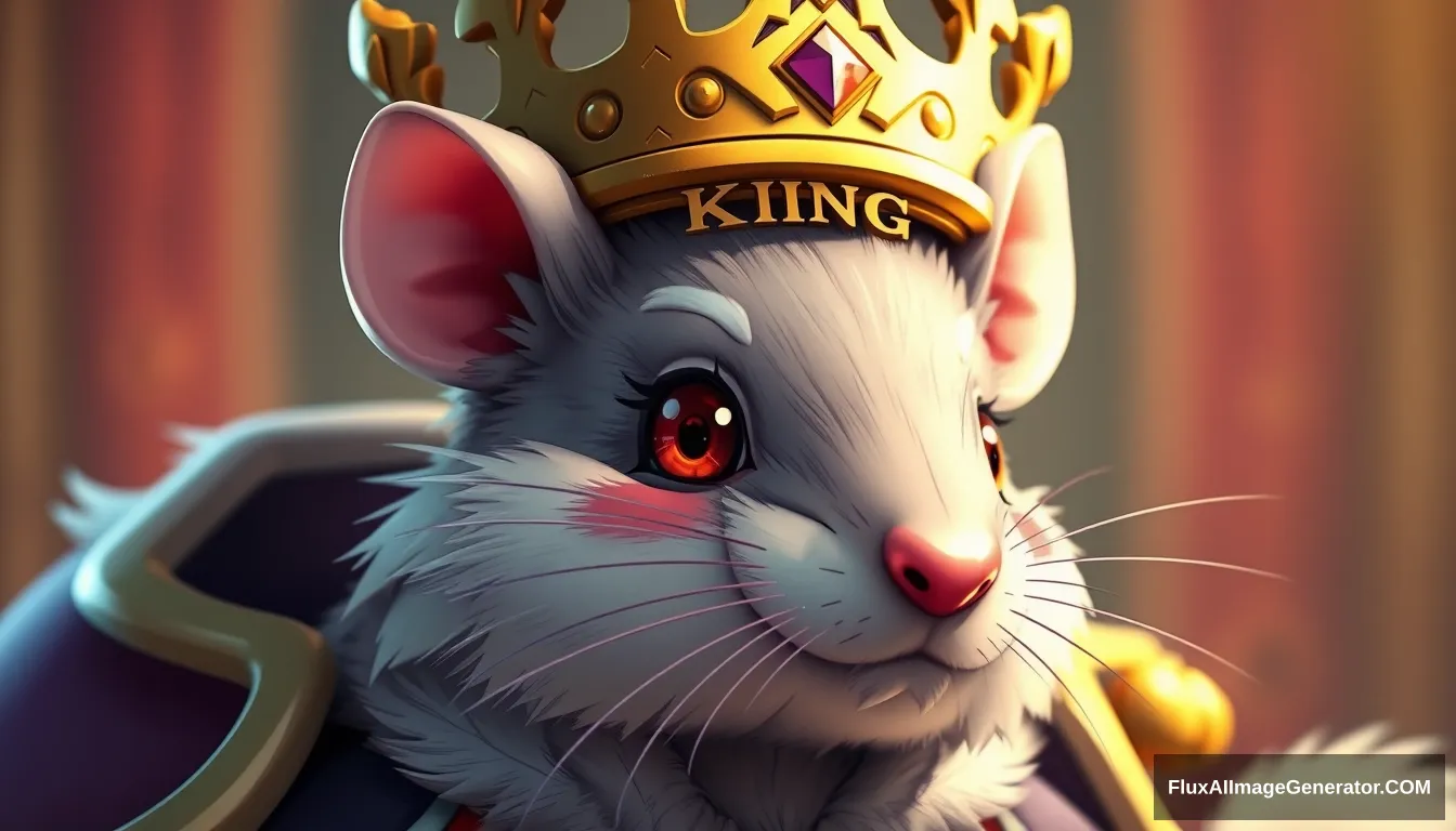 Fantasy cute anthropomorphic rat king in crown, Chrono Trigger style, cute details, anime, cute fantasy, kawaii, contrasting colors, pretty colors, dramatic lighting, portrait, intricate details, manga panel, realistic, 3D rendering, Octane render, there is a king text in the crown. - Image