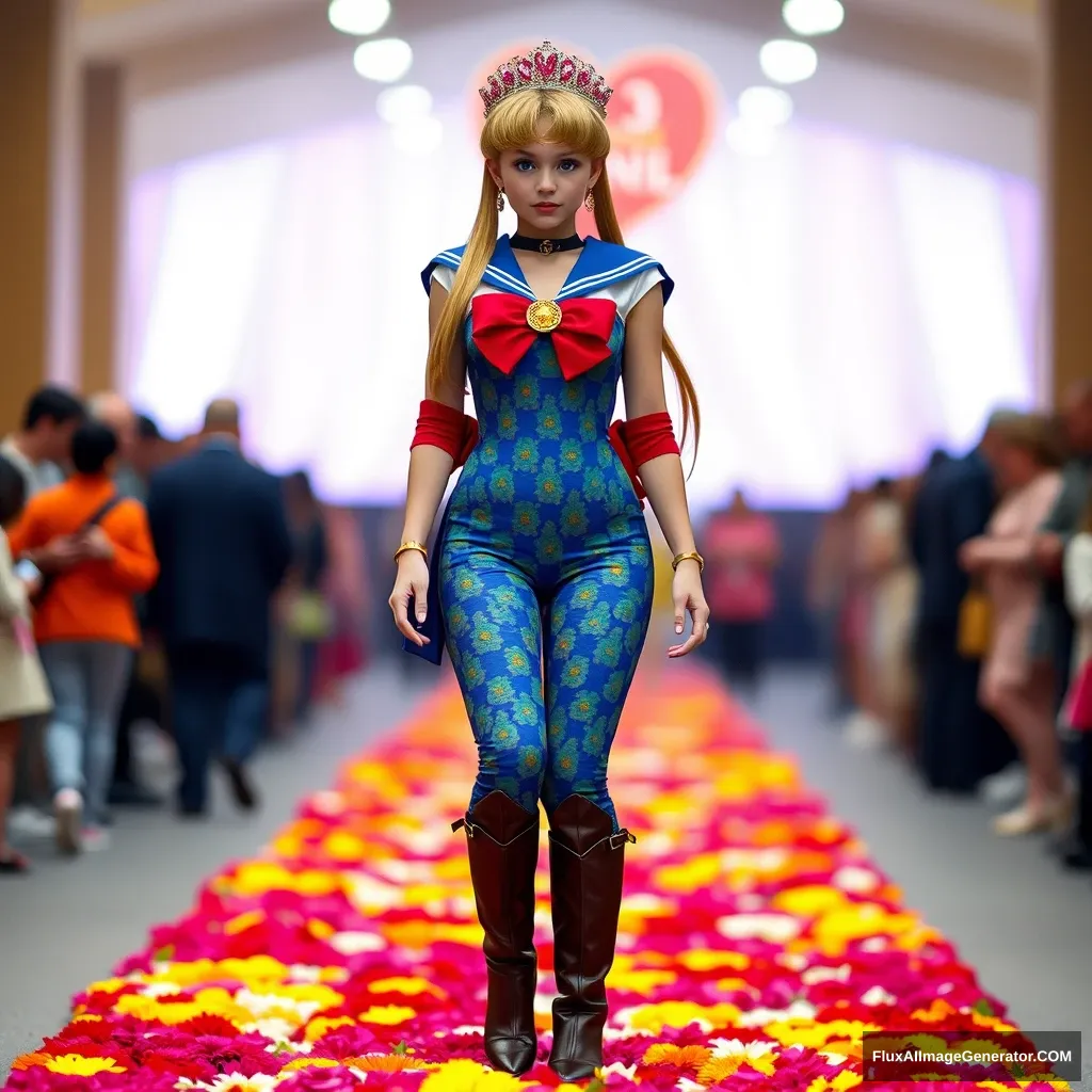 Sailor Moon is wearing a jumpsuit-styled one-piece (colorful patterned based on blue), jeweled fancy tiara, leather long boots. The front of the top is open, colorful flower runway, defocused background crowd, realistic photo. - Image