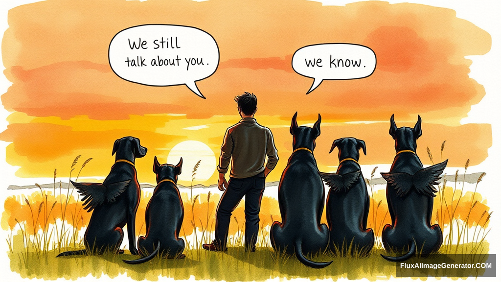 Messy hand drawn watercolor illustration: male figure in meadow at golden hour, silhouetted against vibrant sunset sky. 3 Winged canines black and tan doberman companions sat beside. facing away from the viewer, Speech bubbles float above: "We still talk about you" (person), "we know" (dog). Nostalgic atmosphere, brushstrokes convey wistful longing. - Image