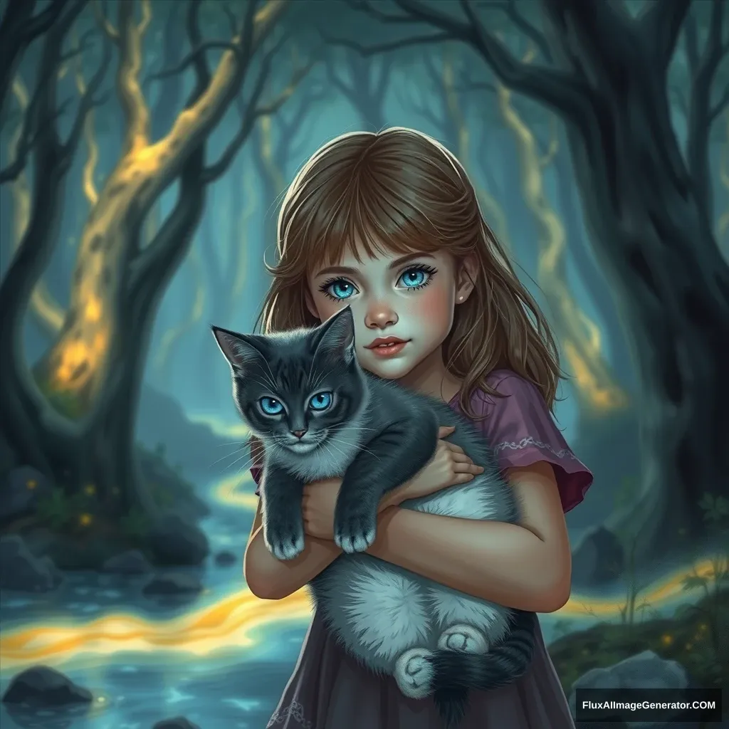 A seven-year-old girl, holding a blue-eyed cat, is in a mysterious forest with glowing rivers. - Image