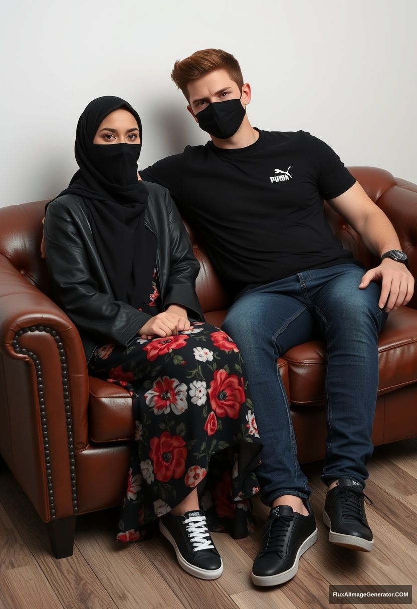 A biggest black hijab girl, slim girl, beautiful eyes, face mask black, black leather jacket, biggest floral long dress, black leather sneaker, sitting on leather single wing sofa, 

Jamie Dornan, youngest, puma black T-shirt, jeans, black leather sneaker, tall man, face mask black, fit body, sitting near her,

hyper realistic, studio photography.